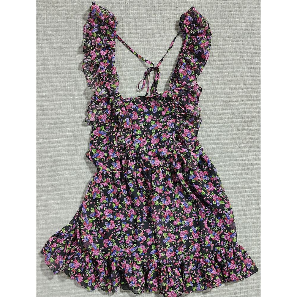 ZARA Floral Ruffle Mini Dress Women’s M Black Pink Tie Back Summer